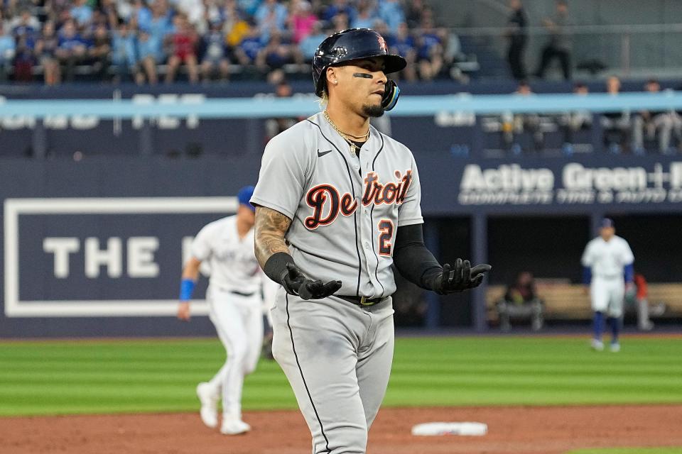 Tigers shortstop Javier Baez reacts after being called out on a double play during the second inning of the Tigers' 3-1 win over the Blue Jays on Thursday, April, 13, 2023, in Toronto.