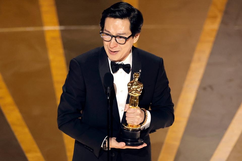 Ke Huy Quan accepts the Best Supporting Actor award "Everything Everywhere All at Once" onstage during the 95th Annual Academy Awards at Dolby Theatre on March 12, 2023 in Hollywood, California.