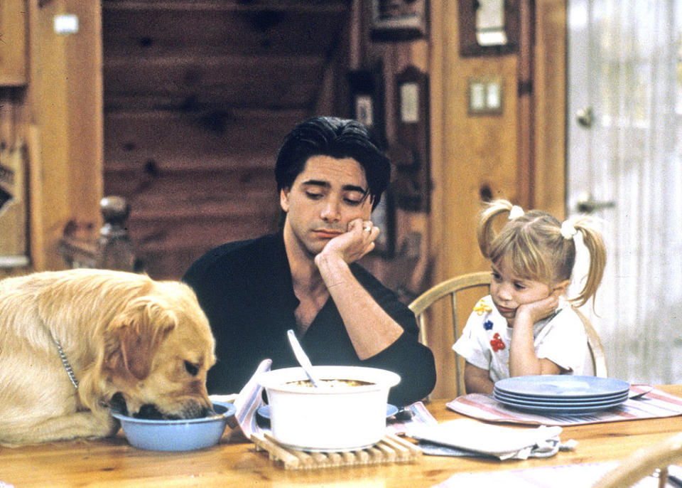 uncle jesse and michelle watching the dog eat out of the dinner bowl on the table