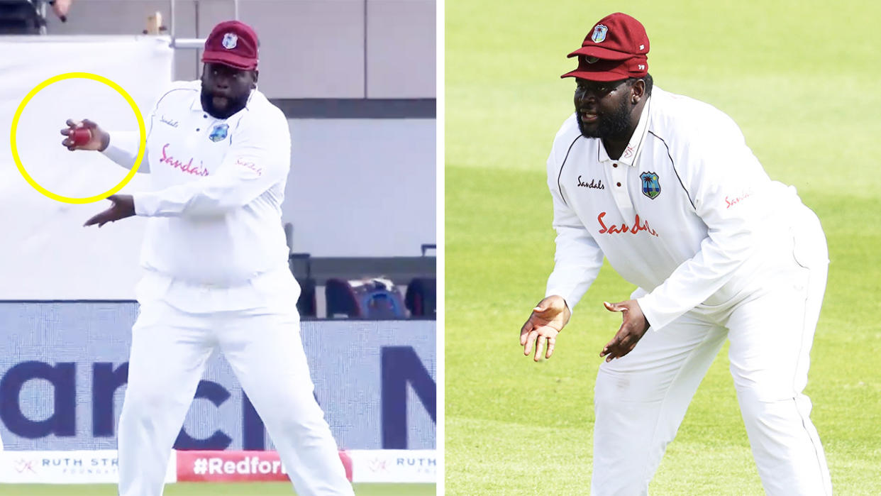 Rahkeem Cornwall taking a sensational catch at slip (pictured left) and getting ready to take a catch (pictured right).