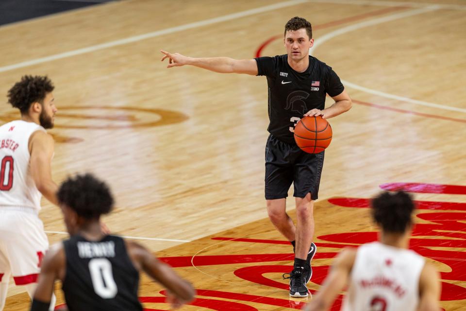 Michigan State guard Foster Loyer (3) brings the ball downcourt against Nebraska in the second half during an NCAA college basketball game on Saturday, Jan. 2, 2021, in Lincoln, Neb.