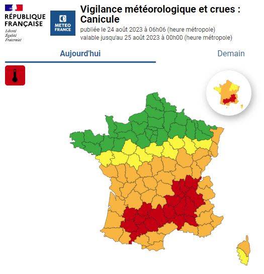 Carte de vigilance « Canicule » publiée jeudi 24 août à 6 heures du matin par Météo France.