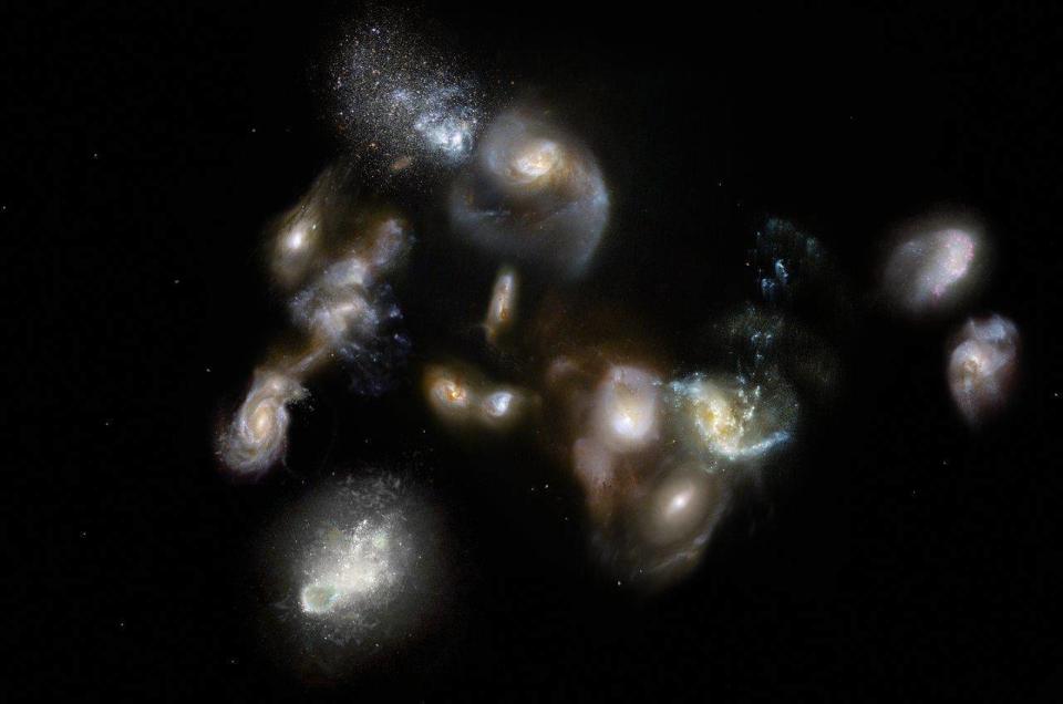 This artist'€™s impression shows a group of interacting and merging galaxies in the early Universe. Such mergers have been spotted using the ALMA and APEX telescopes and represent the formation of galaxies clusters, the most massive objects in the modern Universe. Astronomers thought that these events occurred around three billion years after the Big Bang, so they were surprised when the new observations revealed them happening when the Universe was only half that age (ESO/M. Kornmesser)