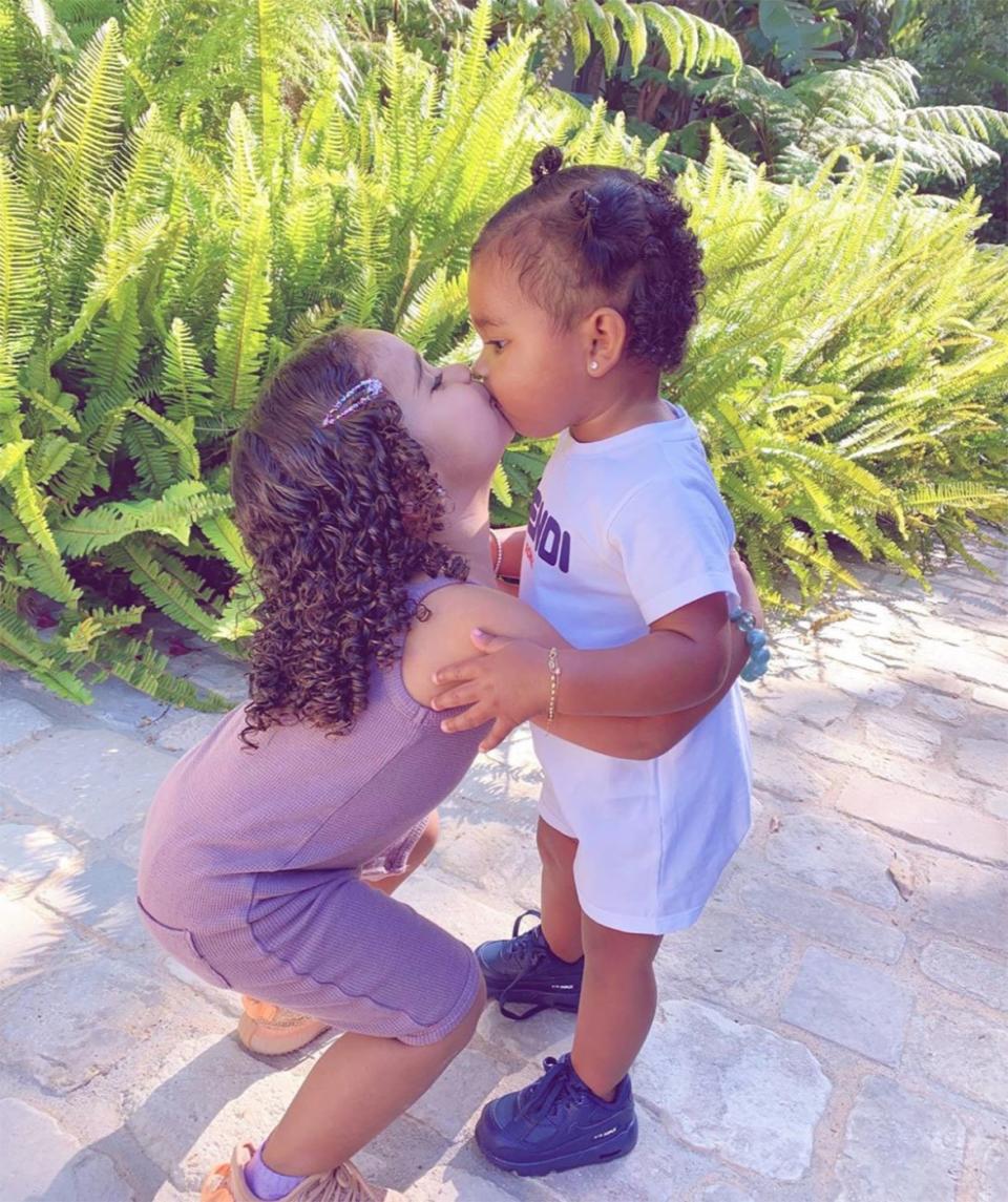 Kissing cousins! True and Dream shared a sweet smooch in a series of photos <a href="https://www.instagram.com/p/Byb0prwh6cC/" rel="nofollow noopener" target="_blank" data-ylk="slk:posted by Khloé;elm:context_link;itc:0;sec:content-canvas" class="link ">posted by Khloé</a>.