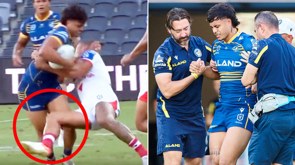 Haze Dunster's 2022 season was ruined after an ugly tackle from Tyrell Fuimaono in an NRL trial match. Pic: Twitter/Getty
