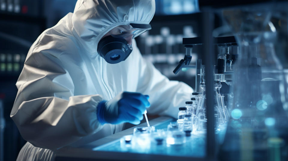 A healthcare worker in a protective suit making molecular diagnostic tests.