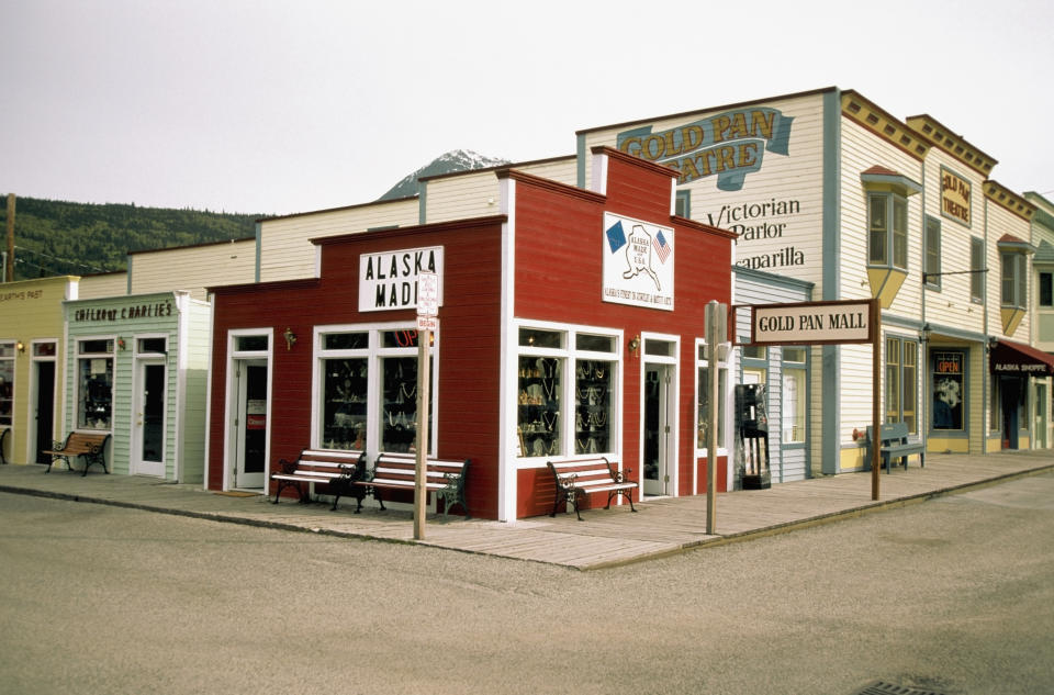 Shops at a street corner, Skagway, Alaska, USA