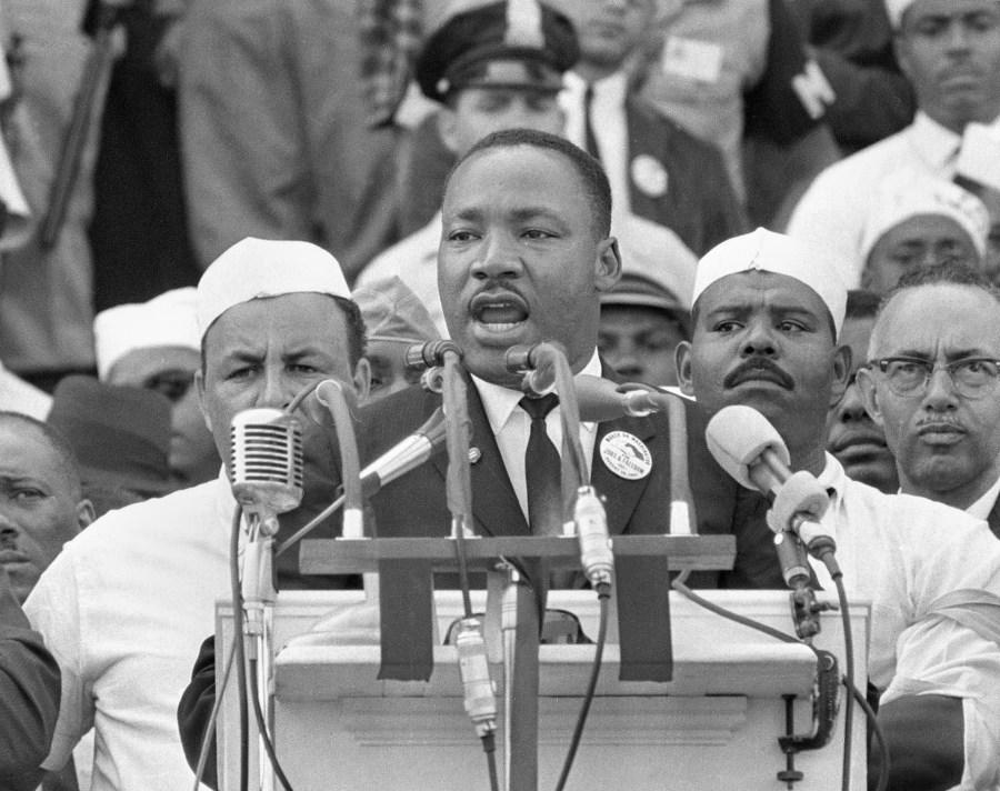 The Rev. Martin Luther King Jr., addresses marchers during his “I Have a Dream” speech at the Lincoln Memorial in Washington on Aug. 28, 1963. (AP Photo)