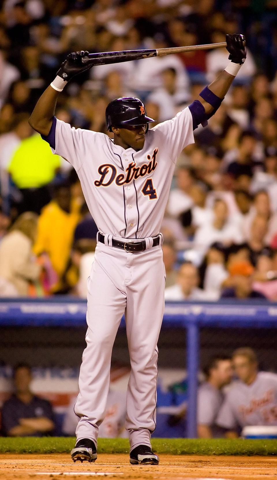 Tigers outfielder Cameron Maybin, then a rookie, stretches before his first Major League at-bat in the first inning Aug. 17, 2007 against the New York Yankees at Yankee Stadium in the Bronx. Maybin faced Andy Pettitte in his first MLB plate appearance.