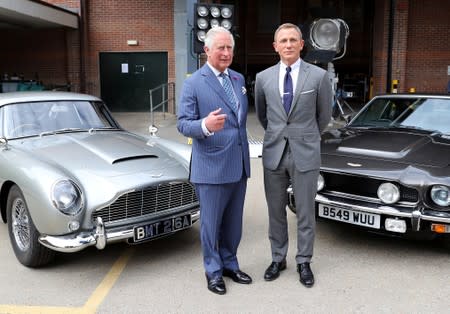 Britain's Prince Charles visits the set of James Bond at Pinewood Studios