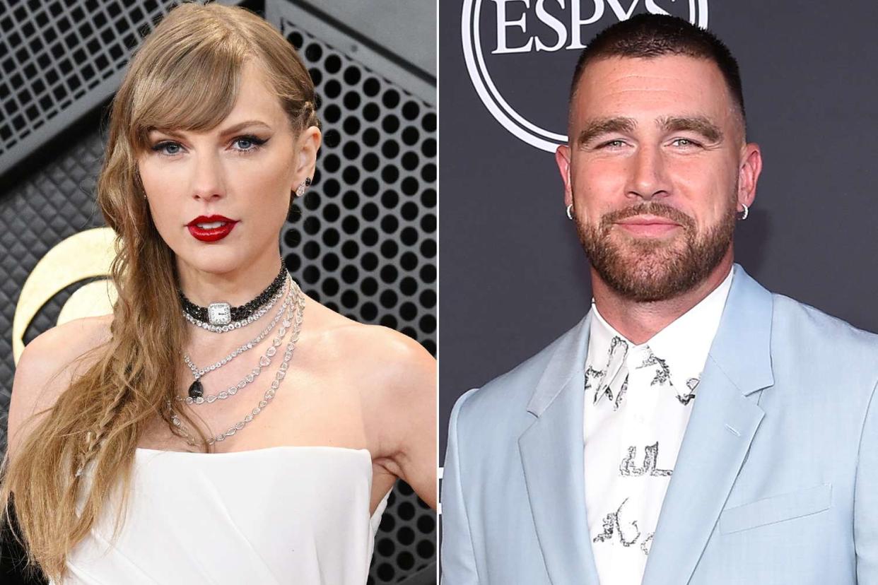 <p>Gilbert Flores/Billboard via Getty Images; ABC via Getty Images</p> Taylor Swift at the 66th Annual GRAMMY Awards; Travis Kelce at the ESPYS