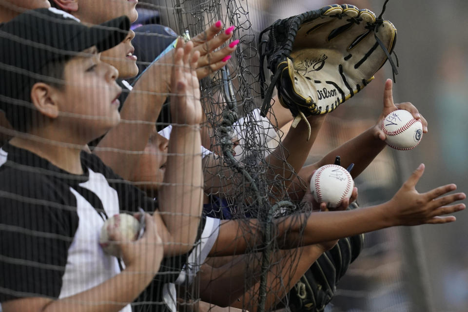 Fans hold baseballs while waiting for autographs from players before a game between the Baltimore Orioles and the Chicago White Sox in Chicago, Friday, June 24, 2022. (AP Photo/Nam Y. Huh)