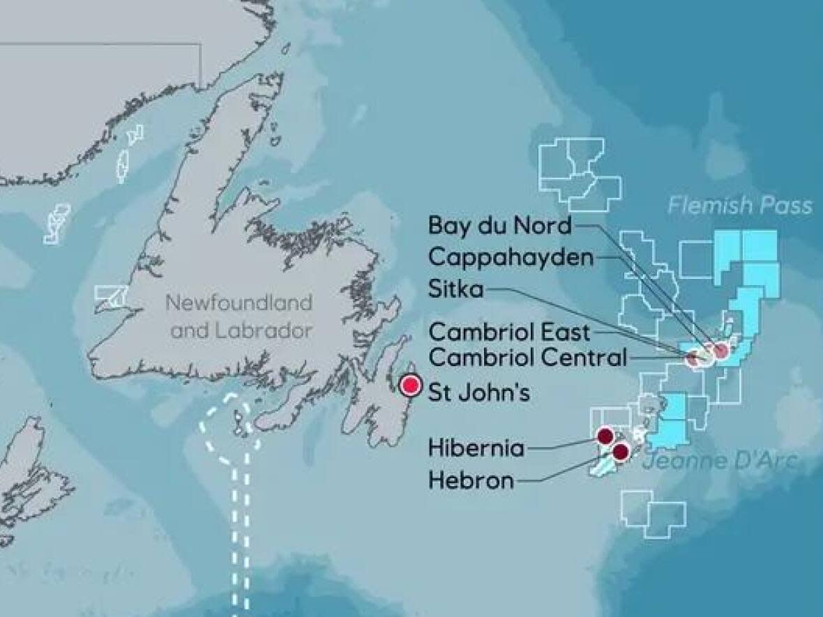 The Bay du Nord project consists of several oil discoveries in the Flemish Pass basin, some 500 kilometres northeast of St. John’s. The Bay du Nord discovery is at a water depth of approximately 1,170 metres, while the new discoveries are at approximate water depths of 650 metres. (Equinor - image credit)