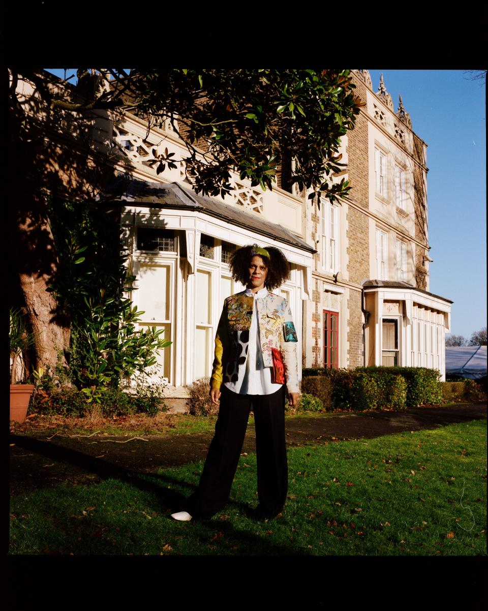 MARQUES’ALMEIDA jacket, and GIAMBATTISTA VALLI trousers, as before. AEYDE boots, £340 (aeyde.com). Shirt, headband and earrings, Bernardine’s ownEkua King