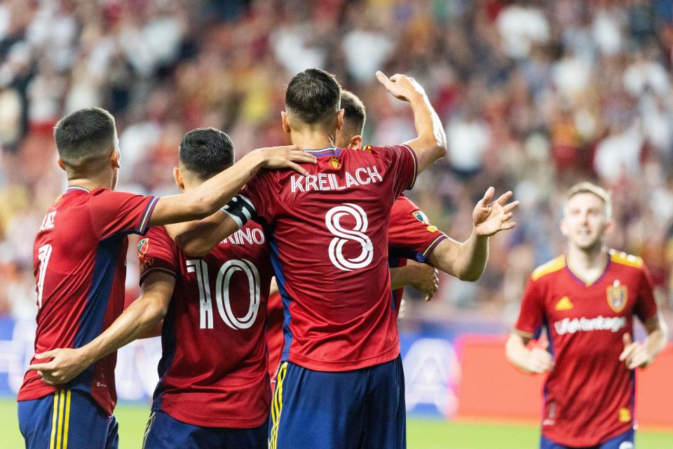 Jefferson Savarino and his teammates celebrate after Savarino’s goal for Real Salt Lake in the match against Orlando City at the America First Field in Sandy on Saturday, July 8, 2023. | Megan Nielsen, Deseret News