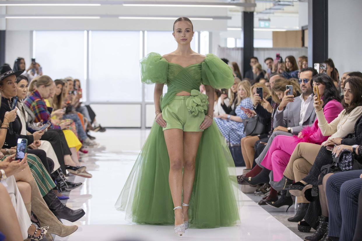 Lady Amelia Windsor appears on the catwalk for the Spring/Summer creation by Turkish fashion designer Zeynep Kartal as part of London Fashion Week on Tuesday. (Getty Images)