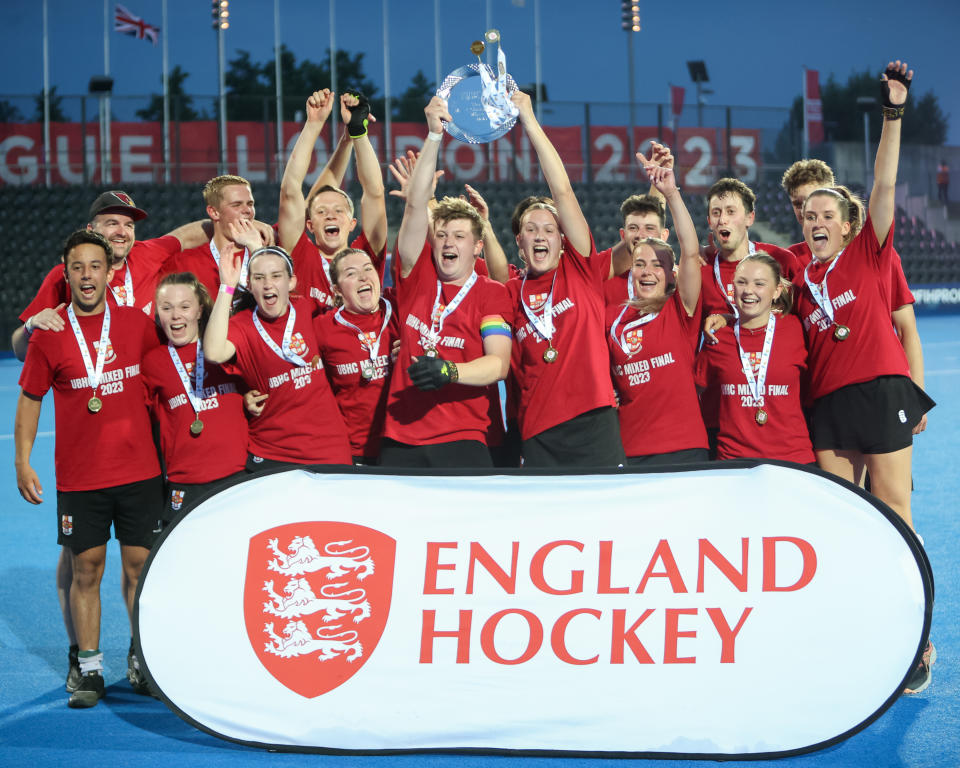 The University of Bristol hockey players celebrate winning the England Hockey Mixed Tier 2 Championships (SmifSports/University of Bristol/PA)