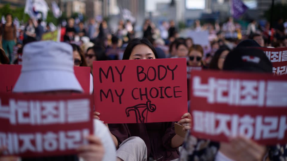 A 2019 court ruling decriminalizing abortion was a major win for reproductive rights advocates, seen here protesting in Seoul on July 7, 2018. - Ed Jones/AFP/Getty Images/File