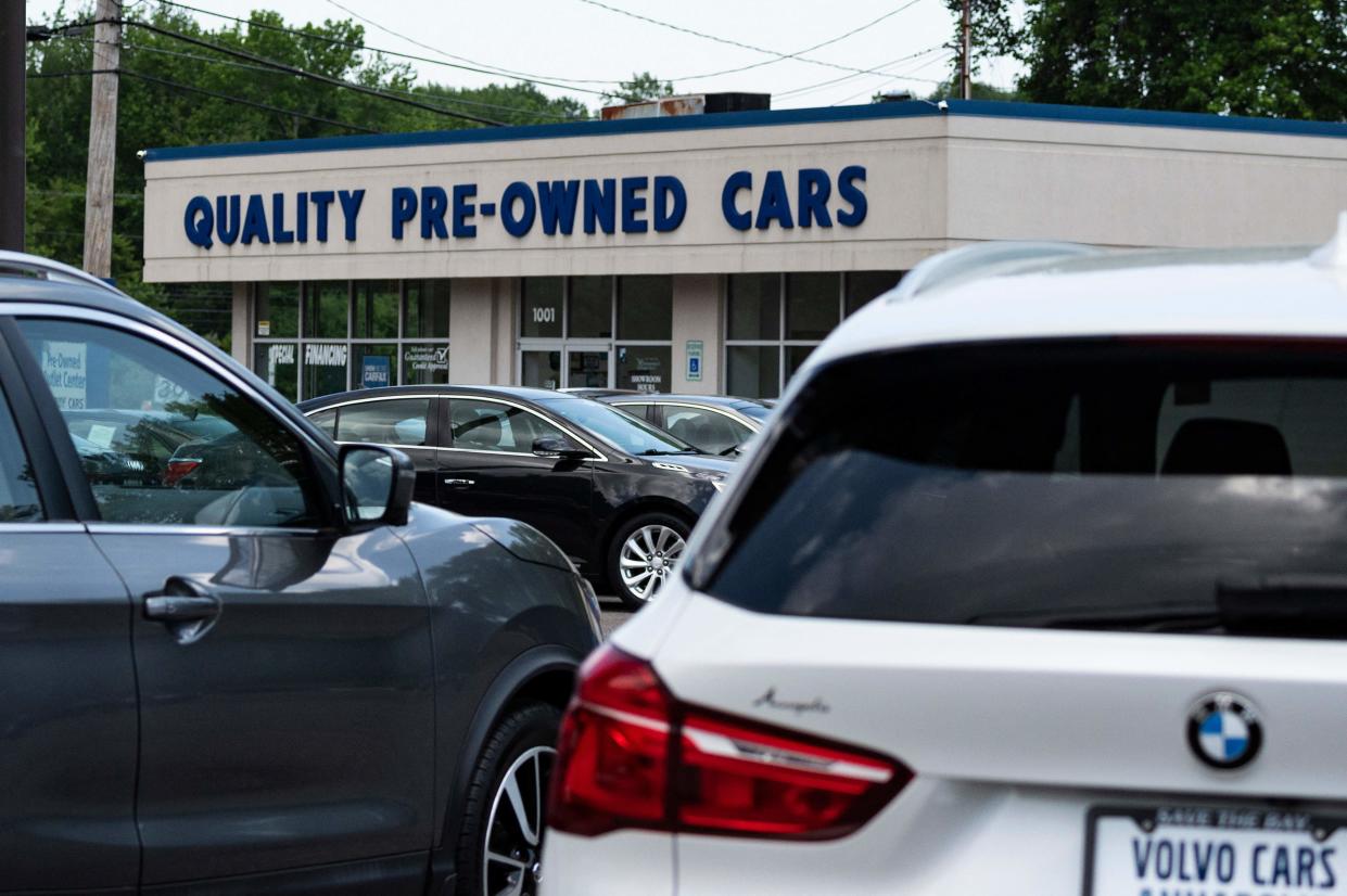 A used car dealership is seen in Annapolis, Maryland on May 27, 2021, as many car dealerships across the country are running low on new vehicles as a computer chip shortage has caused production at many vehicle manufactures to nearly stop. (Photo by JIM WATSON / AFP) (Photo by JIM WATSON/AFP via Getty Images)