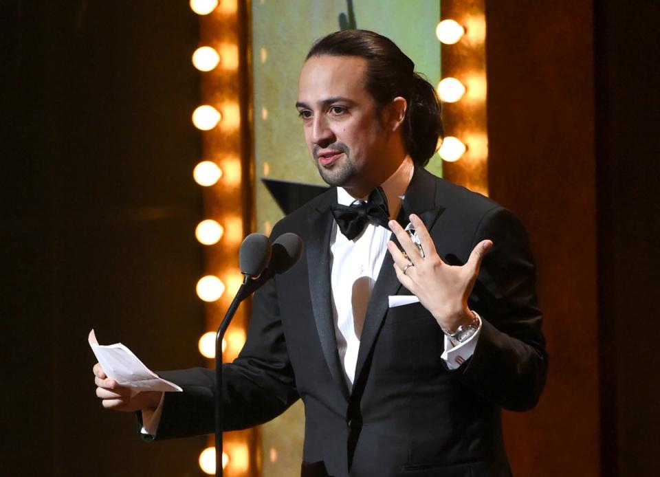 Lin-Manuel Miranda accepting one of 11 Tonys awarded to "Hamilton."