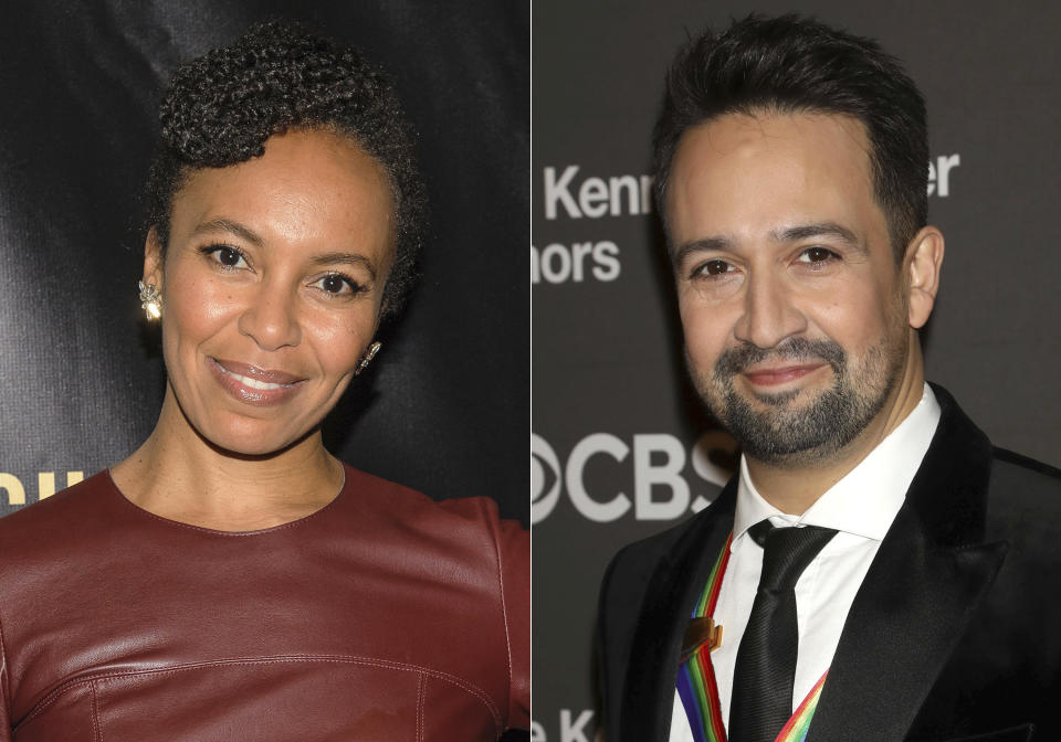 Eisa Davis appears at The 2016 Lucille Lortel Awards for Outstanding Achievement Off-Broadway on May 1, 2016, in New York, left, and Lin-Manuel Miranda appears at the Kennedy Center Honors in Washington on Dec. 3, 2023. (AP Photo)