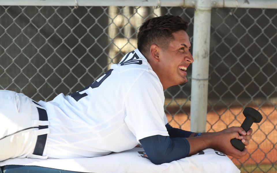 Detroit Tigers pitching prospect Keider Montero lifts weights after spring training minor league minicamp Thursday, Feb. 24, 2022 at TigerTown in Lakeland, Fla.