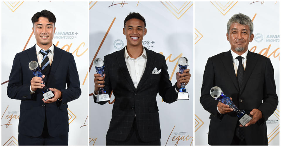 Top winners at the FAS Awards Night: (from left) Kodai Tanaka, Ilhan Fandi and Kazuaki Yoshinaga. (PHOTO: FAS)