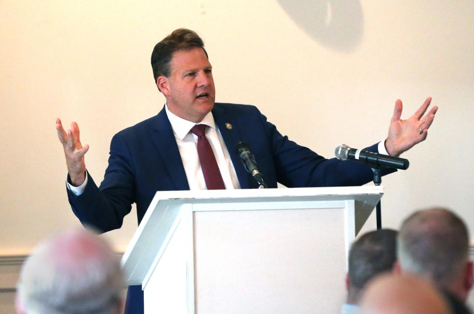 Gov. Chris Sununu speaks at the Tri-City chambers' State of the State event at the Governor's Inn in Rochester Tuesday, June 7, 2022.