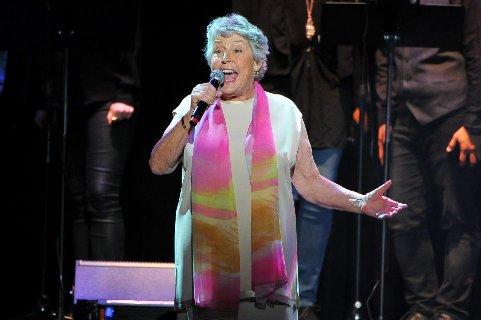 LOS ANGELES, CA - MAY 24:  Singer Helen Reddy performs onstage during the Concert for America: Stand Up, Sing Out! at Royce Hall on May 24, 2017 in Los Angeles, California.  (Photo by Allen Berezovsky/Getty Images,)