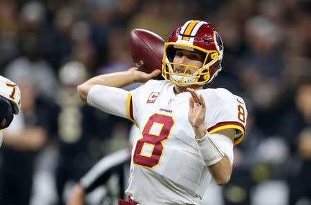 Nov 19, 2017; New Orleans, LA, USA; Washington Redskins quarterback Kirk Cousins (8) throws the ball in the first quarter against the New Orleans Saints at the Mercedes-Benz Superdome. Mandatory Credit: Chuck Cook-USA TODAY Sports