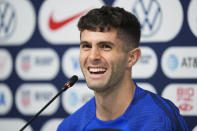 Christian Pulisic of the United States attends a press conference before a training session at Al-Gharafa SC Stadium, in Doha, Thursday, Dec. 1, 2022. (AP Photo/Ashley Landis)