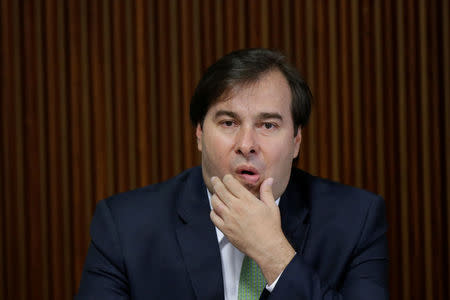 President of the Chamber of Deputies Rodrigo Maia gestures during a meeting of the Pension Reform Commission with Brazil's president Michel Temer at the Planalto Palace in Brasilia, Brazil, April 11, 2017. REUTERS/Ueslei Marcelino