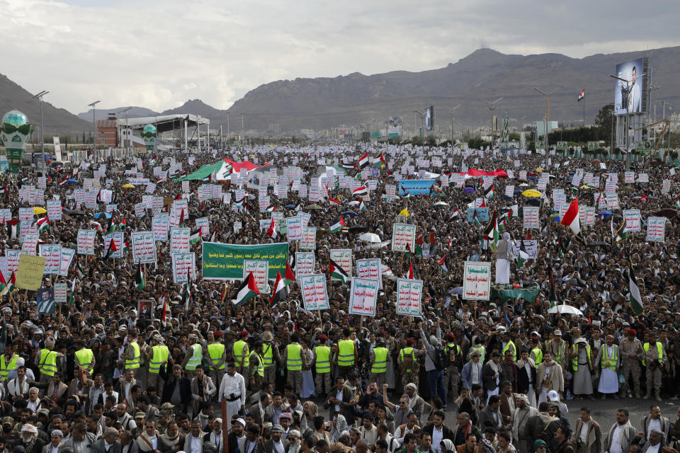 Houthi supporters attend a rally against the U.S. airstrikes on Yemen and the Israeli offensive against the Palestinians in Gaza SAtrip, in Sanaa, Yemen, Friday, March 8, 2024. (AP Photo/Osamah Abdulrahman)