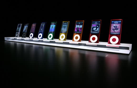 A display shows the range of colors for the new iPod Nano with video capabilities during an Apple special event September 9, 2009 in San Francisco, California.