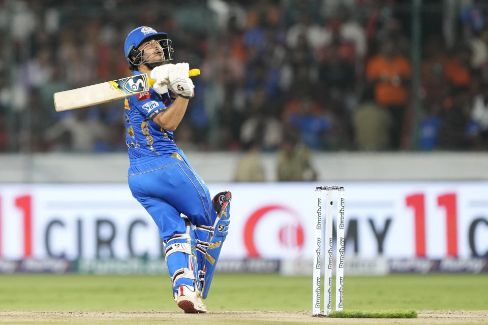 Mumbai Indians' Ishan Kishan plays a shot during the Indian Premier League cricket tournament between Sunrisers Hyderabad and Mumbai Indians in Hyderabad, India, Wednesday, March 27, 2024.(AP Photo/Mahesh Kumar A.)