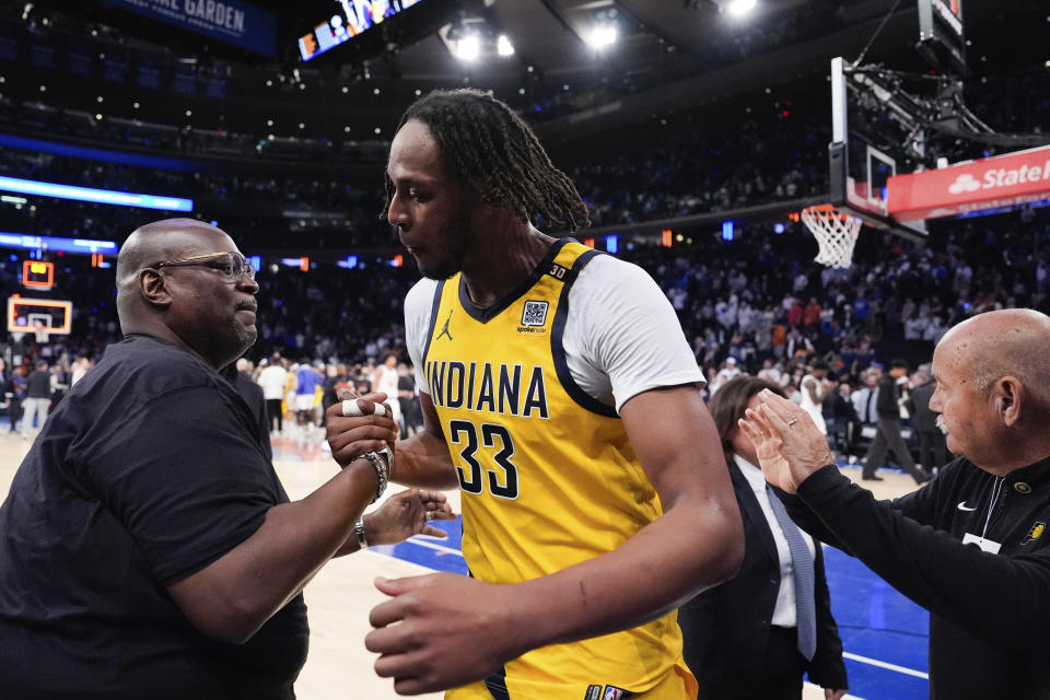 Indiana Pacers center Myles Turner (33) celebrates following Game 7 in an NBA basketball second-round playoff series against the New York Knicks, Sunday, May 19, 2024, in New York. (AP Photo/Julia Nikhinson)