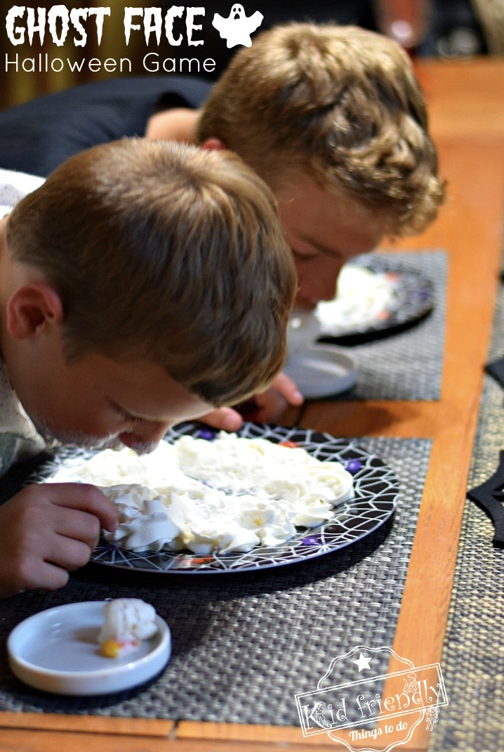 <p>You'll need paper plates, candy corn and whipped cream to play this silly (yet delicious) game. Players use their mouths to find the candy corn hidden in the whipped cream.</p><p><em><a href="https://kidfriendlythingstodo.com/ghost-face-a-fun-halloween-game-for-all-ages-kid-friendly-things-to-do/" rel="nofollow noopener" target="_blank" data-ylk="slk:Get the tutorial at Kid Friendly Things to Do »;elm:context_link;itc:0;sec:content-canvas" class="link ">Get the tutorial at Kid Friendly Things to Do »</a></em></p>