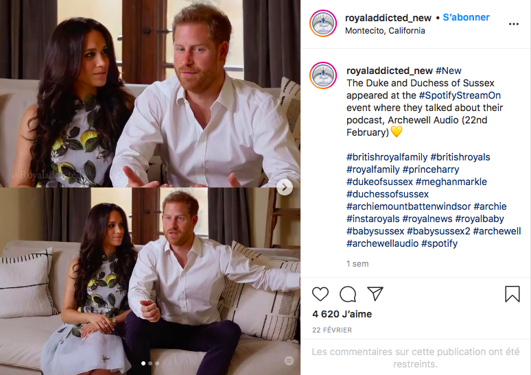 Le 22 février dernier, Meghan Markle s'affichait au côté du prince Harry revêtue d'une ravissante robe à imprimés citron signée Oscar de la Renta. (Capture d'écran Instagram du compte @royaladdicted_new)