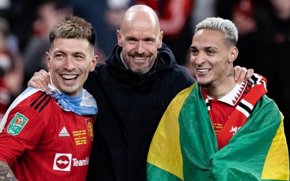 Erik ten Hag celebrates Manchester United's victory in the Carabao Cup final with Lisandro Martinez (left) and Antony - Manchester United at a crucial crossroads as Erik ten Hag proves he can deliver - Getty Images/Andrew Kearns