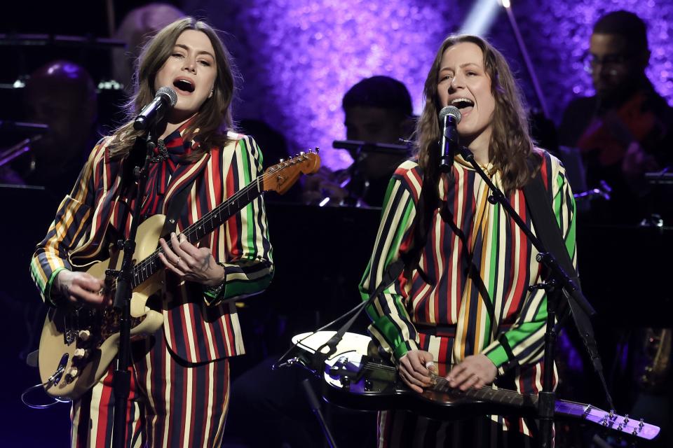 Rebecca Lovell (left) and Megan Lovell of Larkin Poe perform onstage during the 66th annual Grammy Awards at Peacock Theater on Feb. 4, 2024 in Los Angeles.