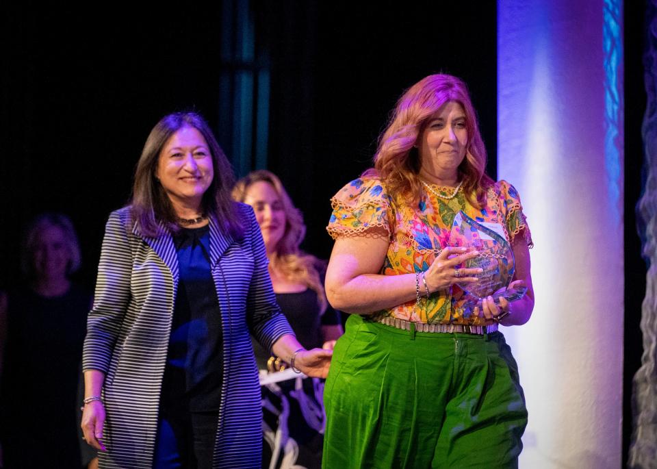 The Conservatory School teacher Rebecca Patterson, right,  won the Dwyer Award for Excellence in Education for Middle School EducationÊduring a ceremony at the Kravis Center on May 1, 2023 in West Palm Beach, Florida.