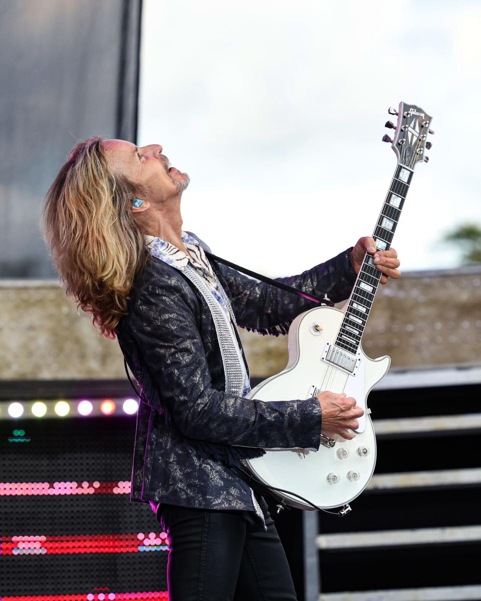 Rockers Styx performed at Lauridsen Amphitheater at Water Works Park in Des Moines on Friday night. In Des Moines, the band brought some of its biggest hits, including “Blue Collar Man (Long Nights),” “The Grand Illusion,” “Lady,” “Too Much Time on My Hands,” “Come Sail Away,” “Mr. Roboto” and “Renegade.”