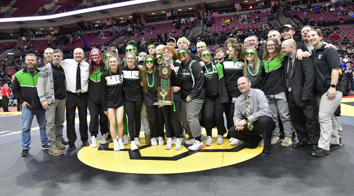 Harrison High School girls wrestling takes home the state title at the OHSAA 86th annual boys wrestling state tournament and the inaugural girls wrestling state tournament, March 10-12, 2023.