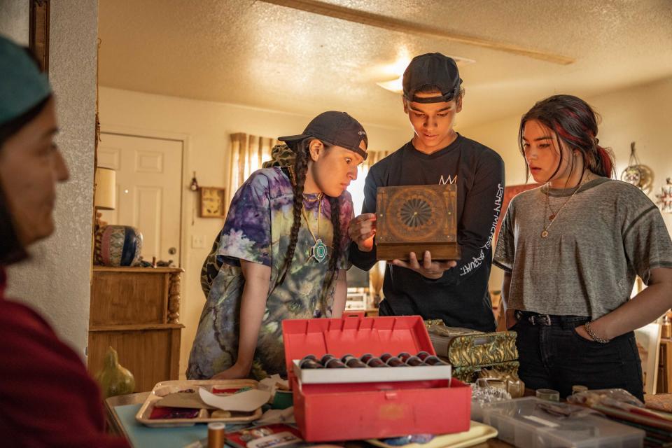 Kimberly Guererro as Auntie B, Lane Factor as Cheese,  Devery Jacobs as Elora Danan, Paulina Alexis as Willie Jack, D'Pharoah Woon-A-Tai as Bear in Reservation Dogs. (Disney+)