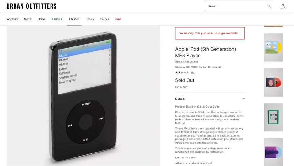 A screenshot of the iPod listing on Urban Outfitters' website.