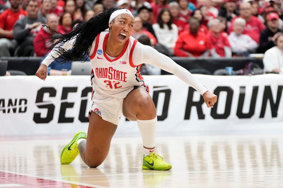 Ohio State forward Cotie McMahon reacts during an NCAA Tournament game against Duke.