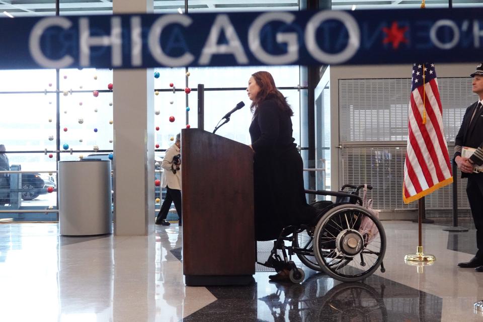 Sen. Tammy Duckworth, D-Ill., at O’Hare International Airport on Dec.16, 2022, in Chicago, Illinois.