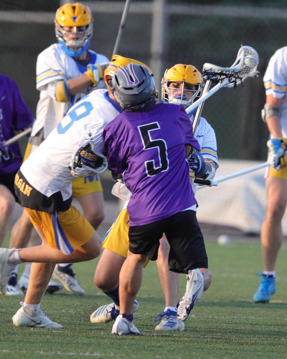 De Sales attacker Jack Jordan scores in the game between Mariemont and Columbus De Sales high schools at Bellbrook High School, May 31, 2022.