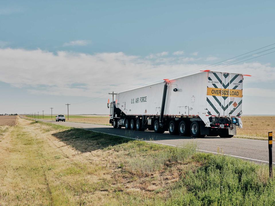A military vehicle transports equipment on a mission to reinstall a Minuteman III at a missile silo in Pine Bluffs, Wyo.<span class="copyright">Benjamin Rasmussen for TIME</span>