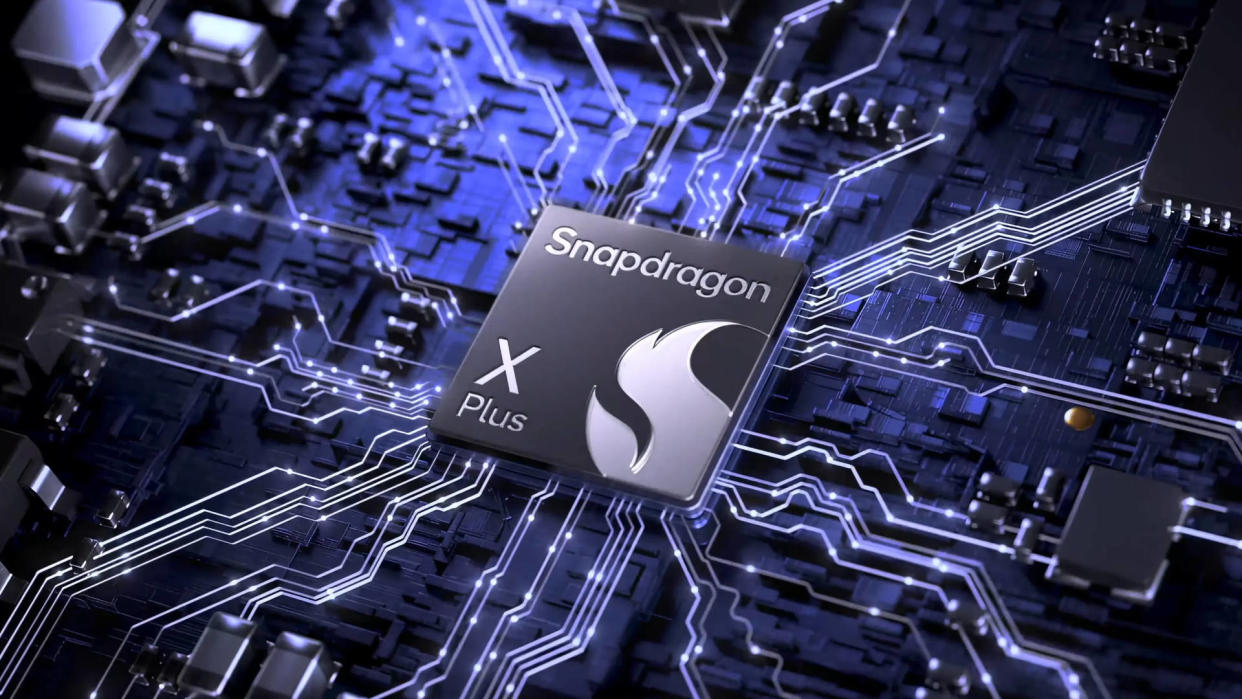  Promotional image of a generic Snapdragon X Plus chip in a stylized circuit board. 